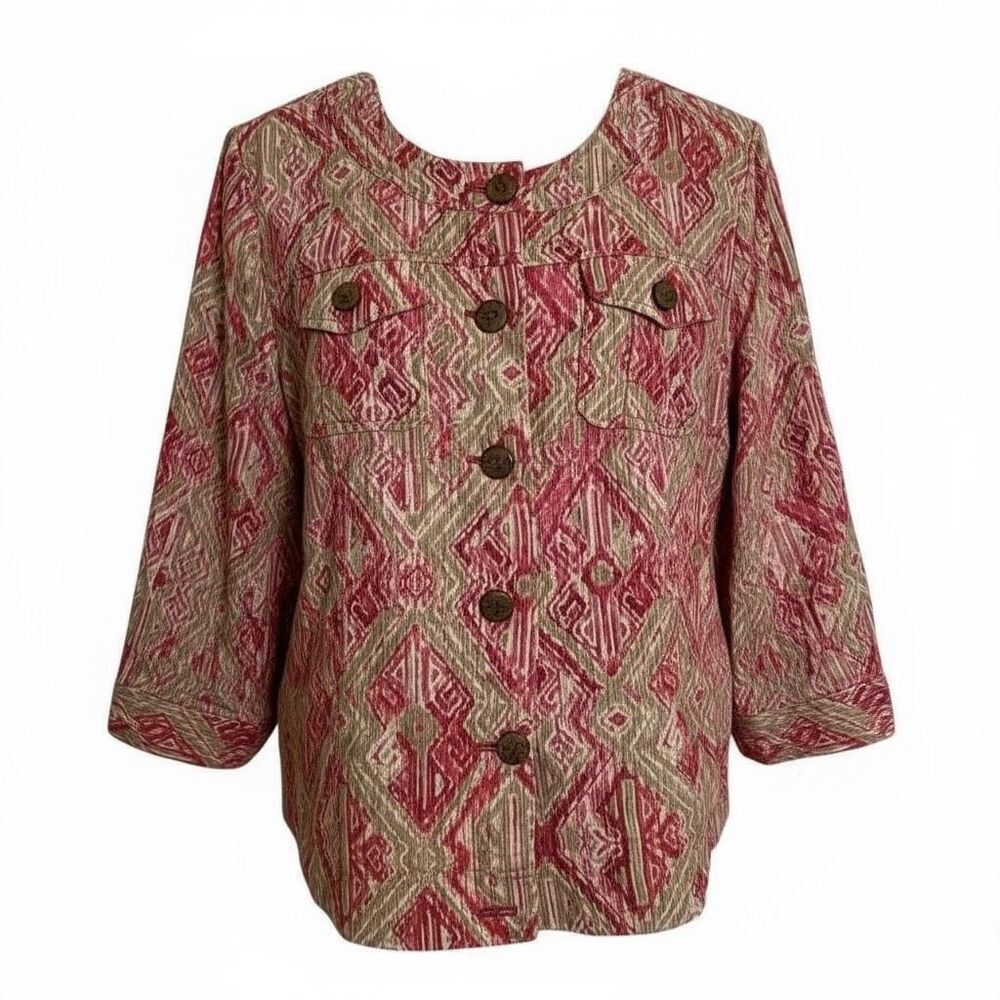 Charter Club Linen Aztec Button Front 3/4 Sleeve Casual Jacket Pink Tan Size 16